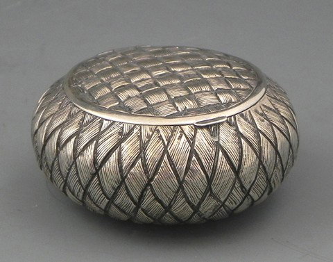 Austrian .800 Silver Basket Weave Pill Box, post 1: Austrian .800 Silver Basket Weave Pill Box, post 1867, with a gilt washed interior, with a maker's mark of "JG," H.- 1 in., Dia.- 2 in.