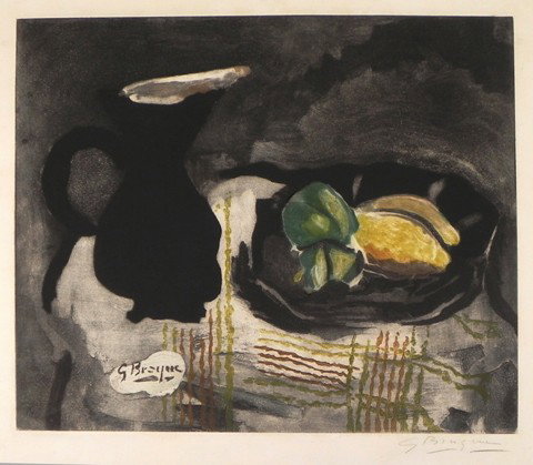 Georges Braque (1882-1963), Pitcher Noir et Citron: Georges Braque (1882-1963), Pitcher Noir et Citrons," c. 1960, colored etching, pencil signed l.r. margin, matted, unframed, H.- 16 1/8 in., W.- 18 3/4 in.
