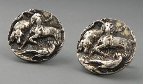 Pair of Sterling Cuff Links, by Black, Starr and F: Pair of Sterling Cuff Links, by Black, Starr and Frost, in the "Hounds and Pheasants" pattern, Dia.- 1 1/8 in.