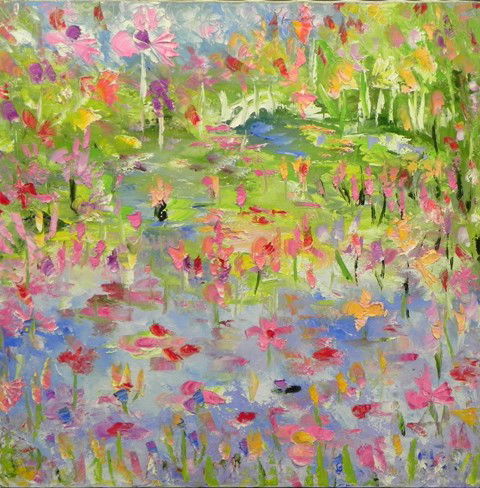 Panos Petros, "Le Jardin de Monet," 1992, oil on c: Panos Petros, "Le Jardin de Monet," 1992, oil on canvas, signed, titled and dated verso, marked #1 of a series of 20, unframed, H.- 24 in., W.- 24 in.