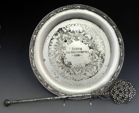 Mardi Gras- Silver plated serving tray, engraved ": Mardi Gras- Silver plated serving tray, engraved "Queen of Marionettes, 1958," together with the Queen's scepter, mounted with faux diamonds. (2 Pcs.)