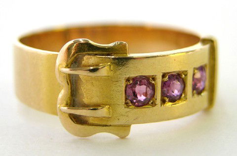 Gentleman's 15K Yellow Gold Buckle Ring, c. 1900,: Gentleman's 15K Yellow Gold Buckle Ring, c. 1900, mounted with six round amethysts, Wt.- .14 Troy Oz.