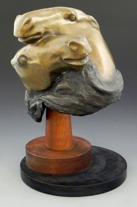 Patinated Bronze Horse Head Sculpture, 20th c., on: Patinated Bronze Horse Head Sculpture, 20th c., on a custom made circular mahogany base, Sculpture- H.- 12 in., W.- 10 1/2 in., D.- 9 1/2 in., With Stand- H.- 17 1/2 in., Dia.- 11 1/2 in.