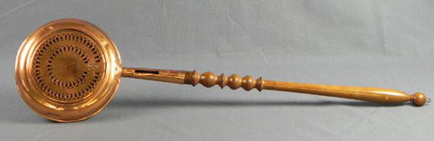 Pierced Middle Eastern Copper Bed Warmer with Turn: Pierced Middle Eastern Copper Bed Warmer with Turned Wooden Handle, in the 18th/19th c. style, pierced with concentric arches, retaining lid latch to keep it open while filling, H-37in., W.- 9 1/2 in.