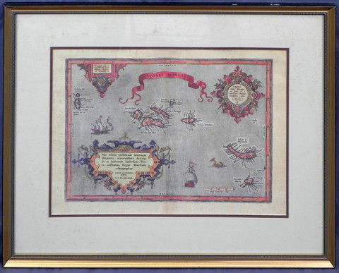 "Map of the Azores," 20th c., print, after Abraha: "Map of the Azores," 20th c., print, after Abraham Ortelius (Dutch, 17th Century) , framed, H.- 14-1/2 in., W.- 20-1/2 in.