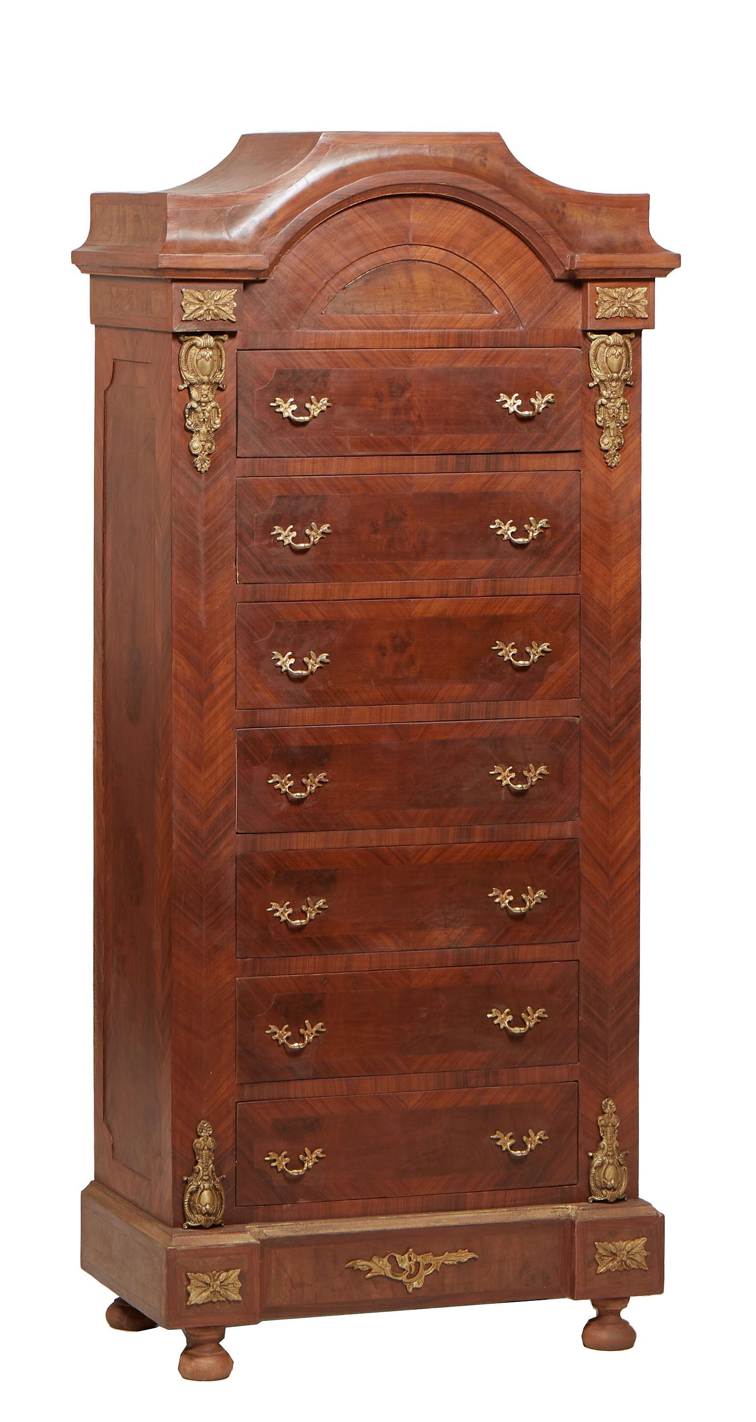 Louis XVI Mahogany Ormolu Mounted Semanier, 20th/21st c., the arched top over a setback bank of seve (1 of 1)