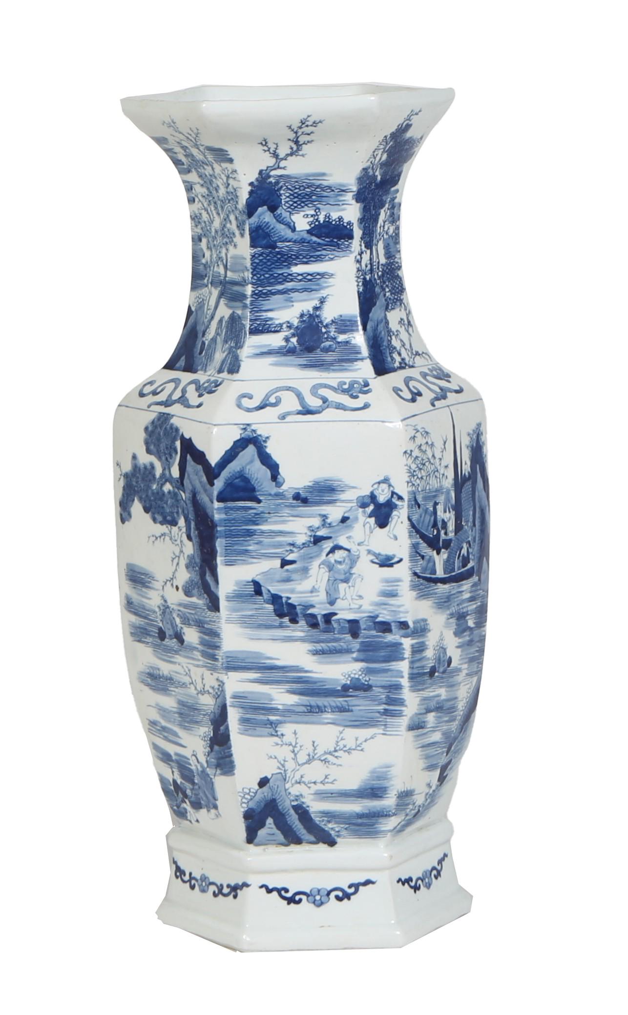 Large Chinese Blue and White Hexagonal Baluster Vase, 20th c., with landscape and figural decoration (1 of 3)