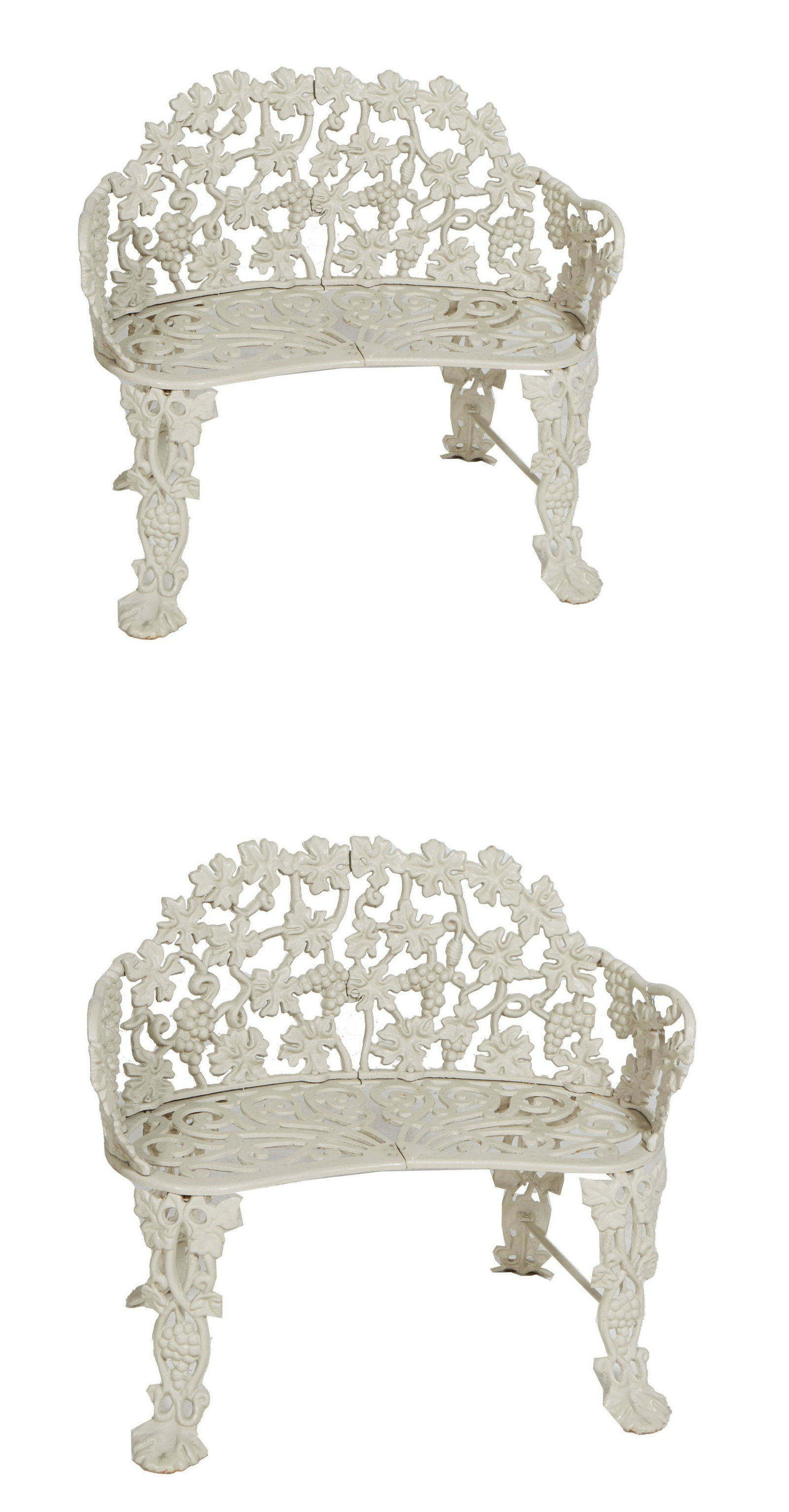 Pair of American Cast Iron Garden Benches, 20th c., of curved form, the pierced back with grape and : Pair of American Cast Iron Garden Benches, 20th c., of curved form, the pierced back with grape and leaf decoration, over a curved pierced seat with scrolled decoration, on leaf form legs joined by st