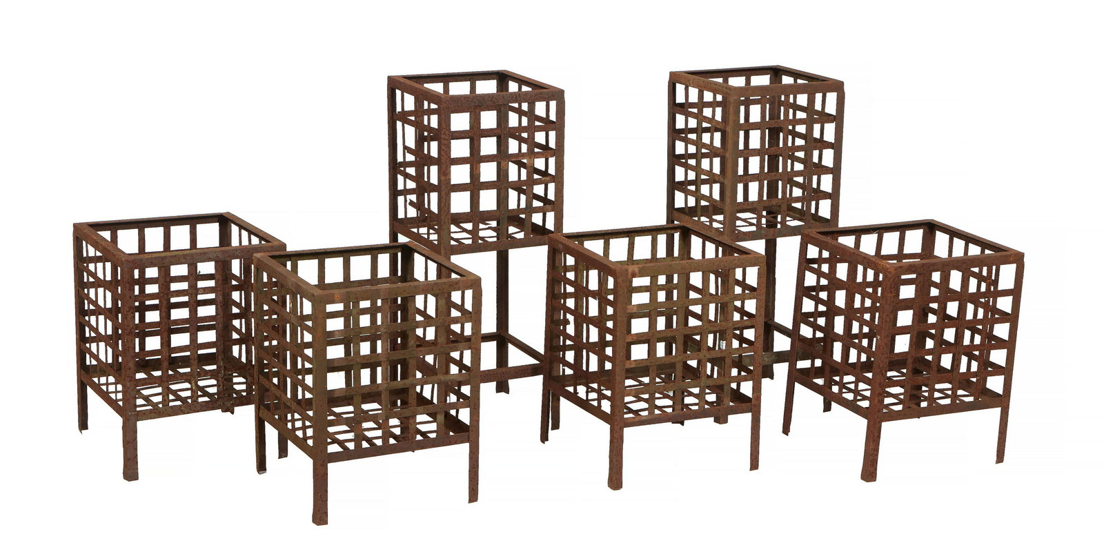Set of Six iron Strapwork Box Planters, 20th/21st c., on square legs joined by rectangular stretcher (1 of 1)