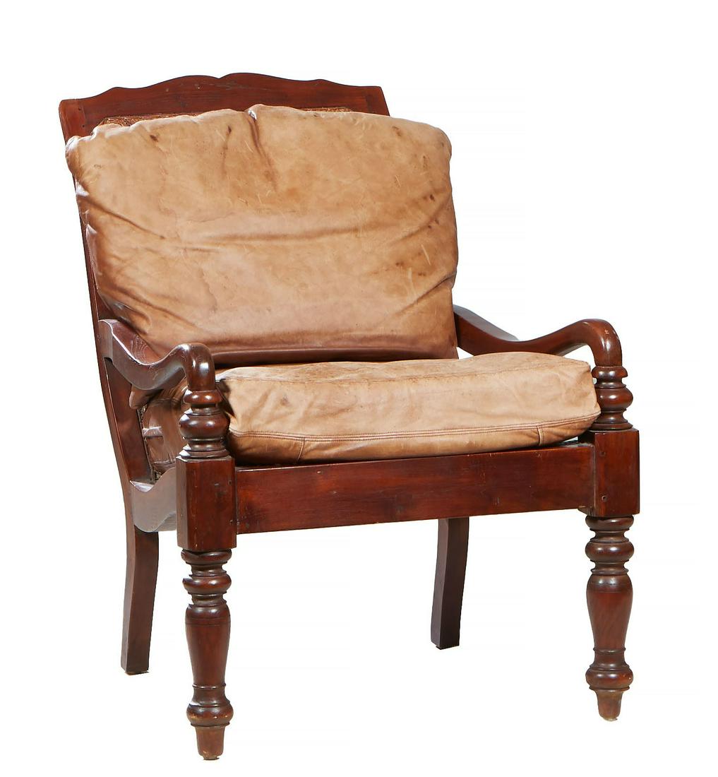 Carved Mahogany Campeche Chair,19th c., with a caned back and seat, with curved arms, on tapered tur (1 of 2)