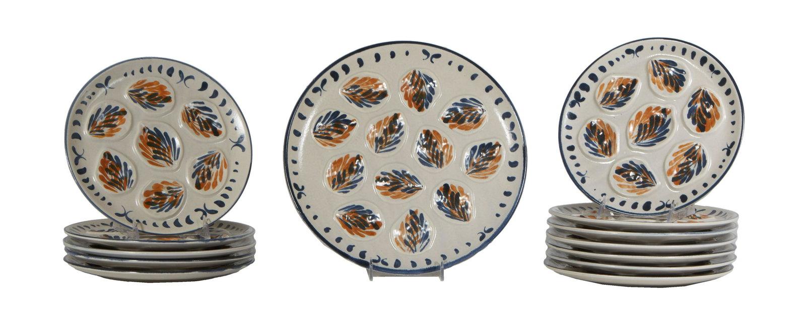 Thirteen Piece French Hand Painted Pottery Oyster Set, 20th c., by Archachon, consisting of 12 circu (1 of 2)