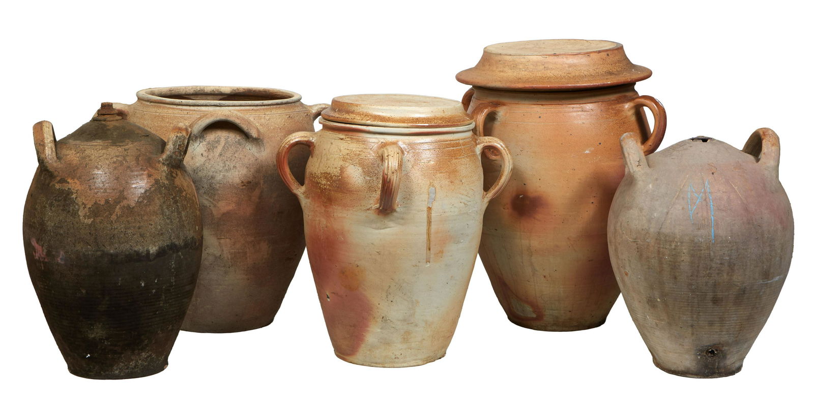 Group of Five Large French Earthenware Jugs, late 19th c., with applied ring handles, Largest- H.- 2 (1 of 1)