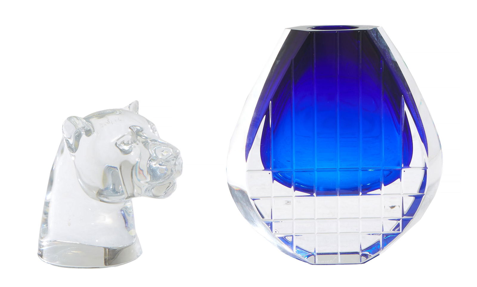 Two Baccarat Pieces, one a "Neptune" cobalt and clear vase; together with a panther head paper (1 of 5)