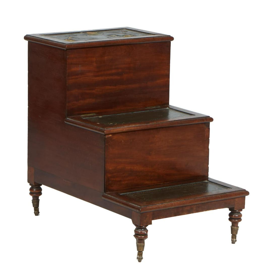 English Victorian Carved Mahogany Bed Steps, 19th c., with three gilt tooled leather inset steps/ (1 of 2)