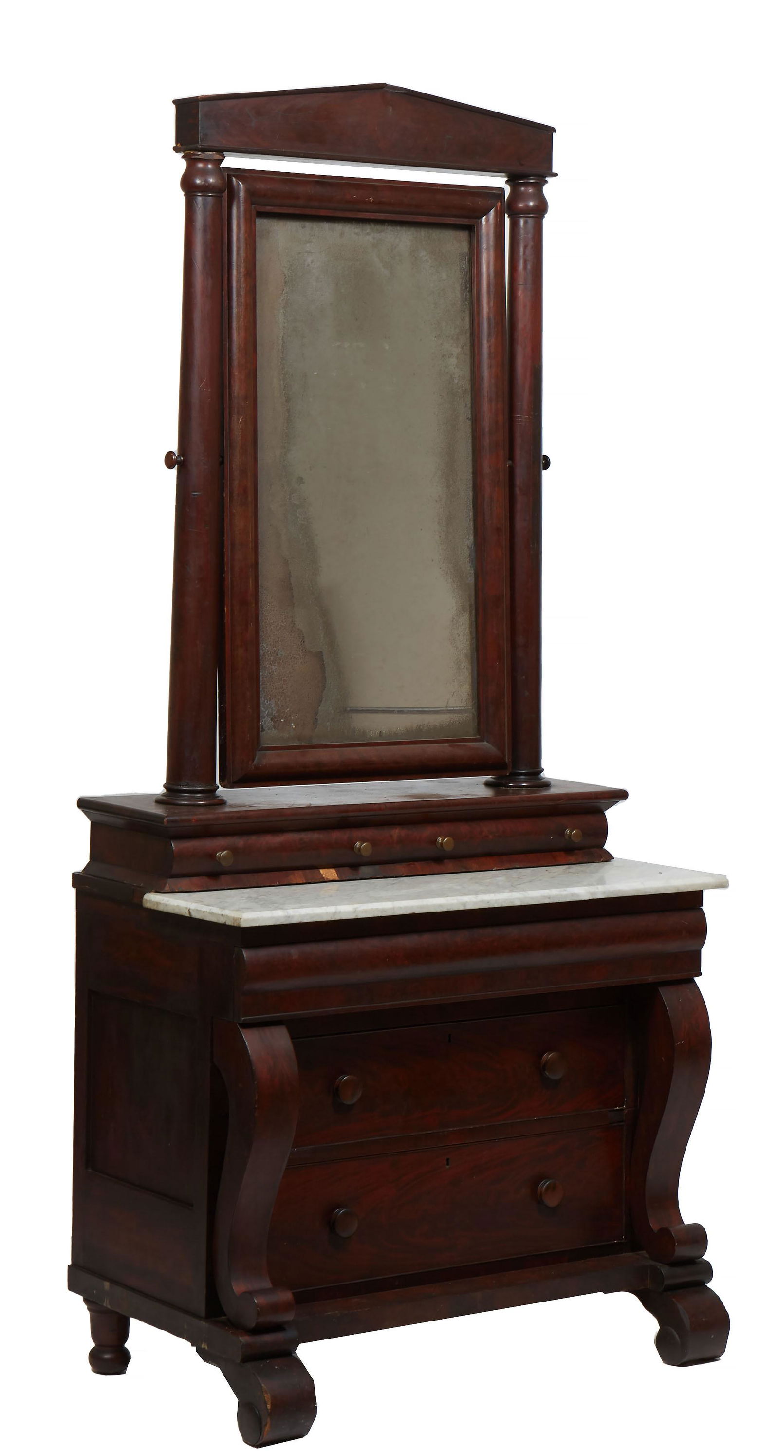 American Classical Mahogany Dresser, 19th c., with a peaked crown over tapered columnar supports (1 of 1)