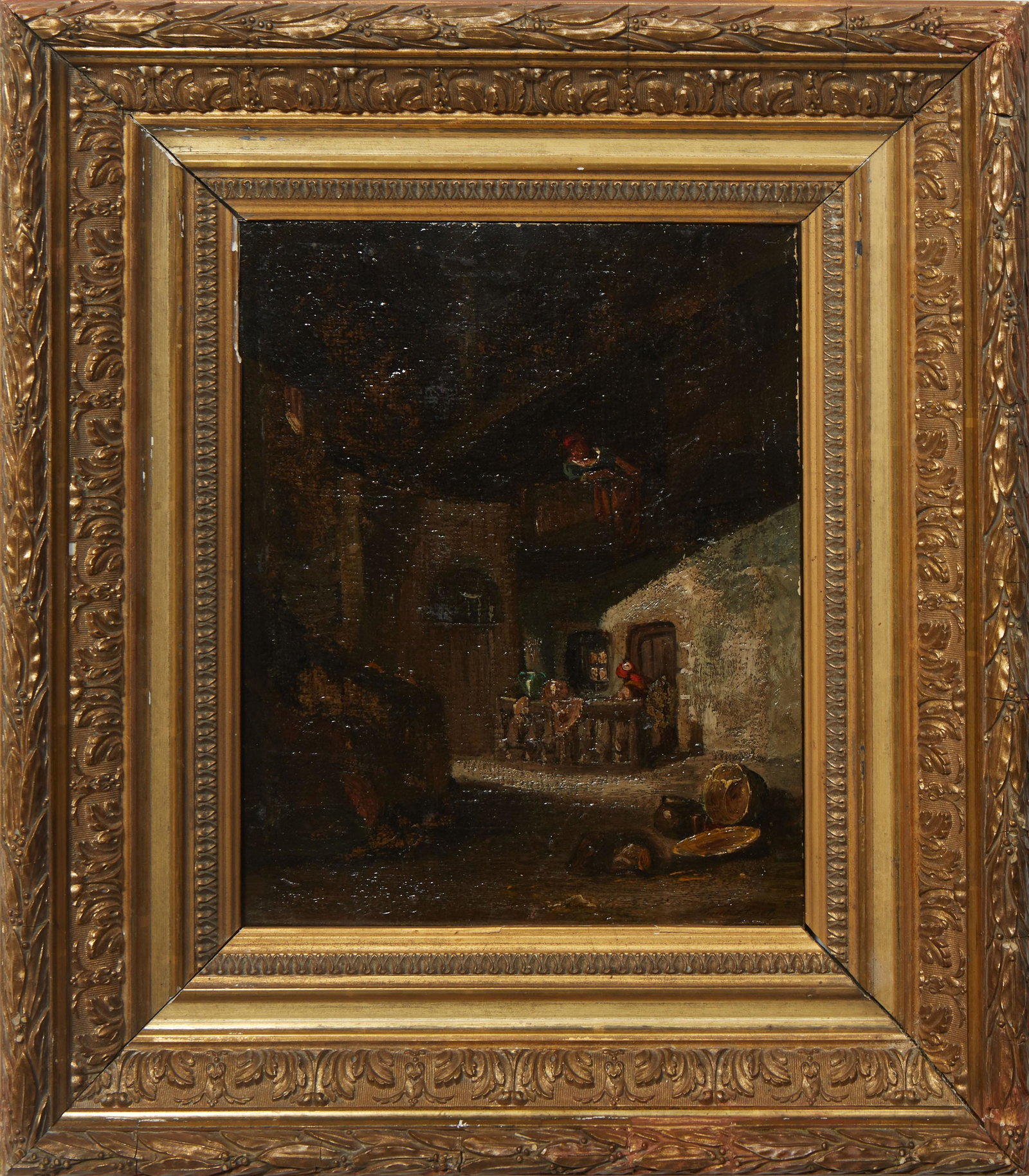 Paul Huet (French, 1803-1869), "L'Auberge de la Mere Saguet," 19th c., oil on canvas attached to: Paul Huet (French, 1803-1869), "L'Auberge de la Mere Saguet," 19th c., oil on canvas attached to wood panel, signed bottom right, incised with artist name and titled en verso, with a red "Paul Huet" w