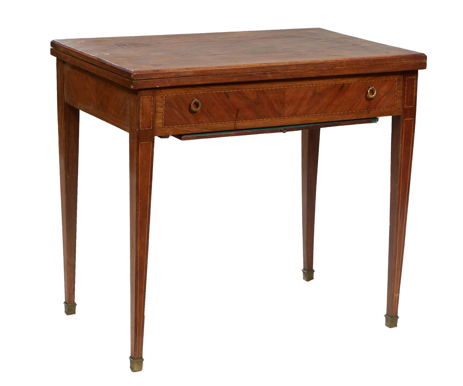 French Louis XVI Style Parquetry Inlaid Carved Cherry Games Table, 20th c., the rectangular folding (1 of 3)
