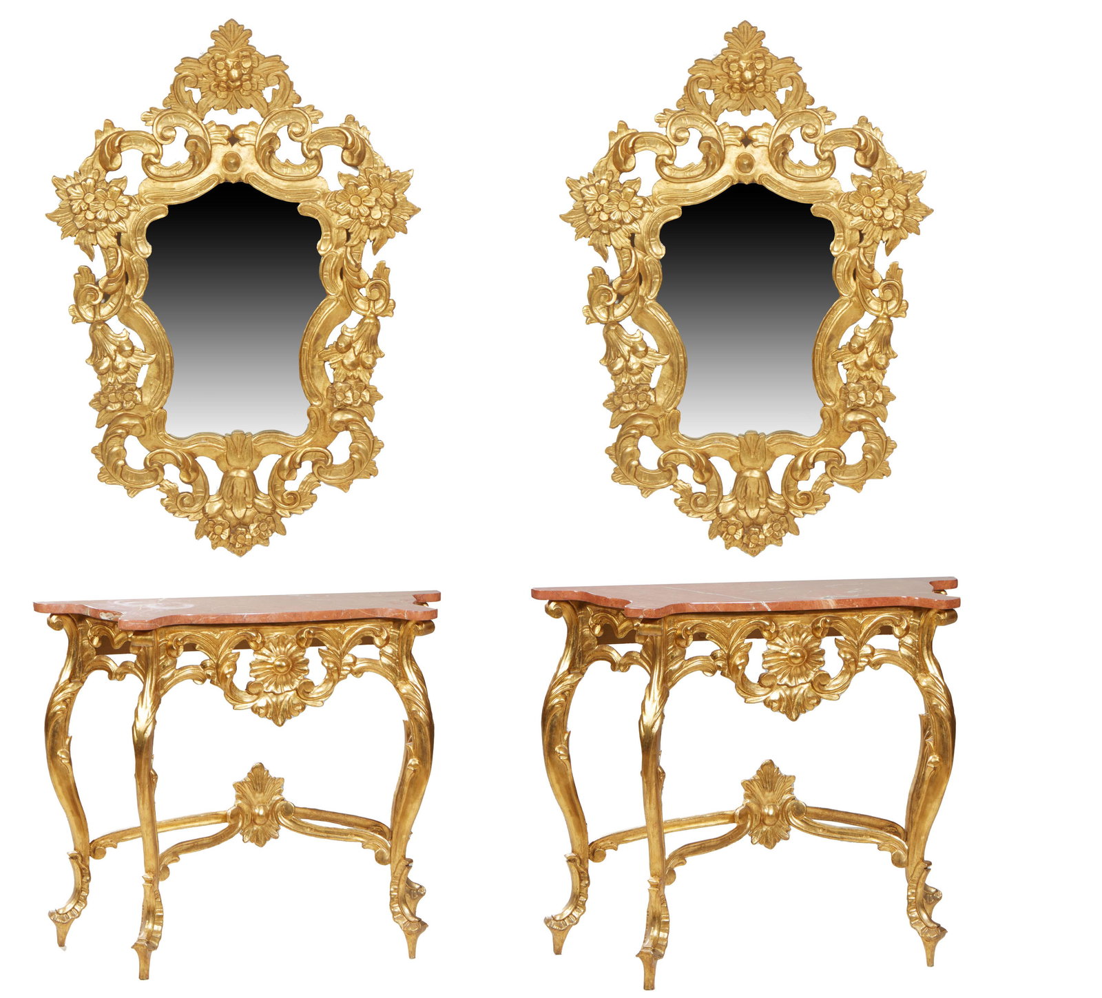 Pair of Louis XV Style Gilt Marble Top Console Tables and Mirrors, 20th c., the bowfront serpentine (1 of 5)