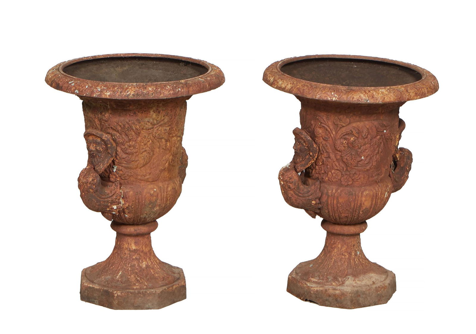Pair of Cast Iron Campana Form Jardinieres, 20th c., of circular form, the relief sides with two (1 of 1)