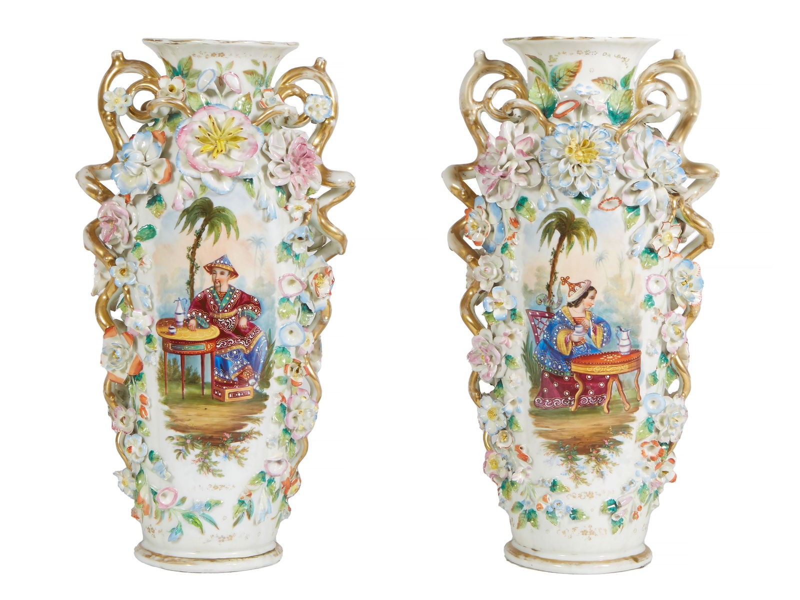 Pair of Relief Decorated Meissen Style Baluster Vases, 20th c., with applied flowers and a reserve (1 of 7)