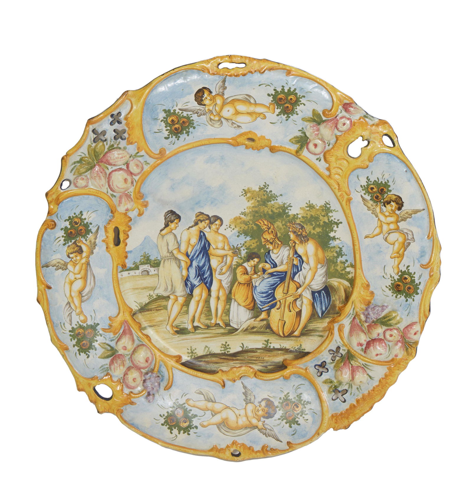 Large Italian Glazed Majolica Painted Plaque, 20th c., the pierced scalloped border with putti and (1 of 2)