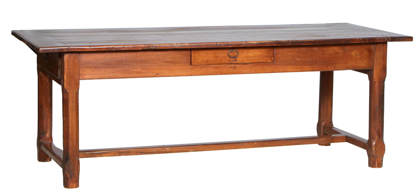 French Provincial Carved Walnut Farmhouse Table, 19th c., the rectangular top over a wide skirt with (1 of 1)