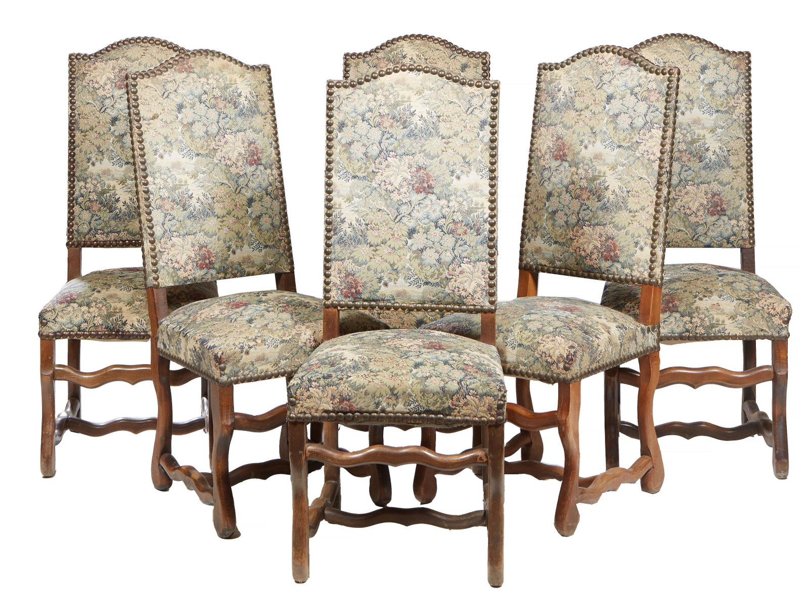 Set of Six French Louis XIII Style Oak Dining Chairs, 20th c., the high arched canted upholstered: Set of Six French Louis XIII Style Oak Dining Chairs, 20th c., the high arched canted upholstered back over a trapezoidal upholstered seat, on curved cabriole legs joined by curved stretchers, in mute
