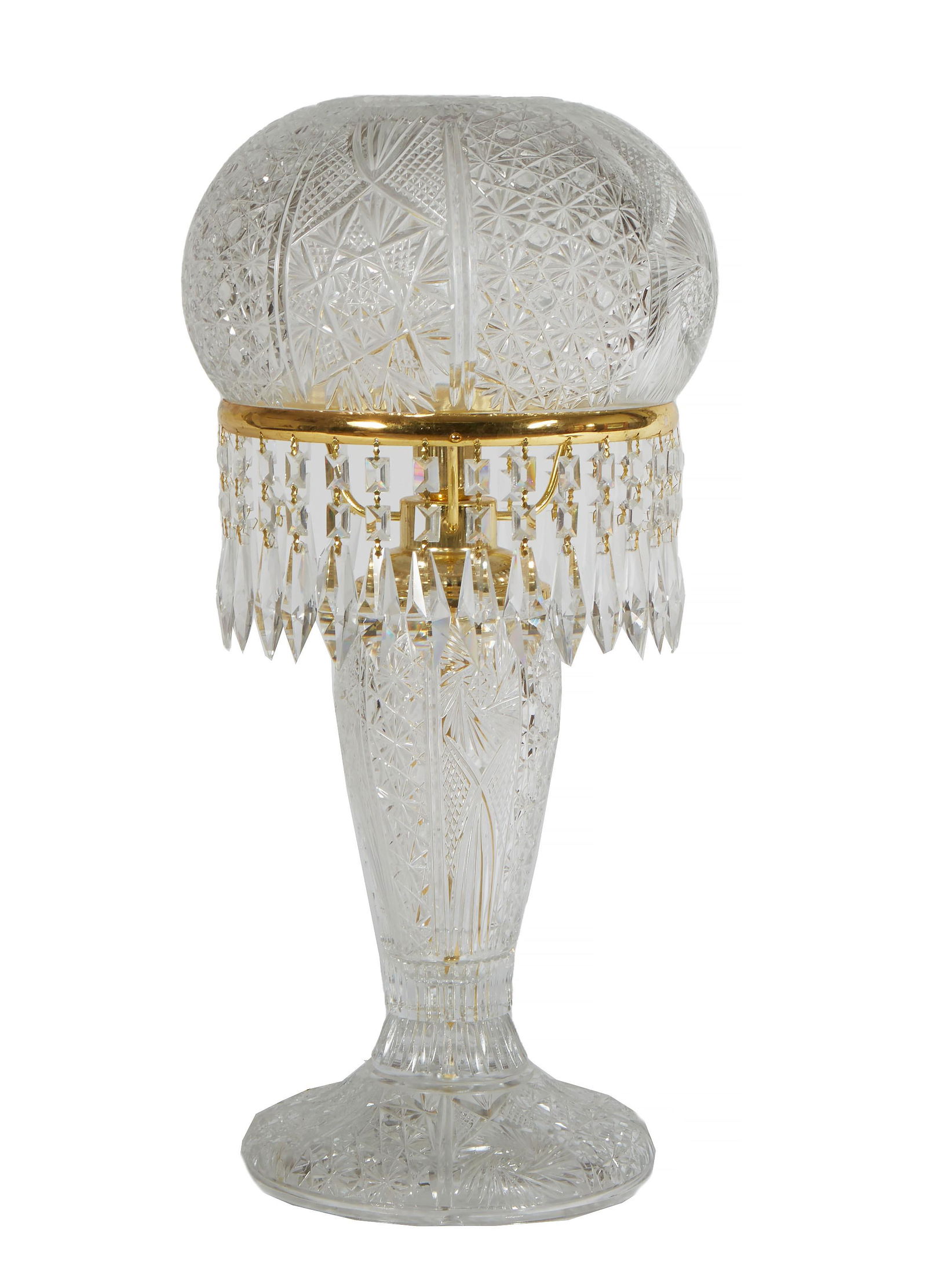 Large Cut Glass "Mushroom" Lamp, 20th c., the floral cut and etched domed shade on a brass ring (1 of 1)