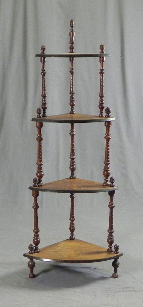 Inlaid Mahogany Étagère, c. 1900, each shelf with a: Inlaid Mahogany Étagère, c. 1900, each shelf with a line inlay centering an inlaid urn, on twisted turned supports, the whole on turned ball feet, H.- 57 1/4 in., W.- 23 1/2 in., D.- 15 in.