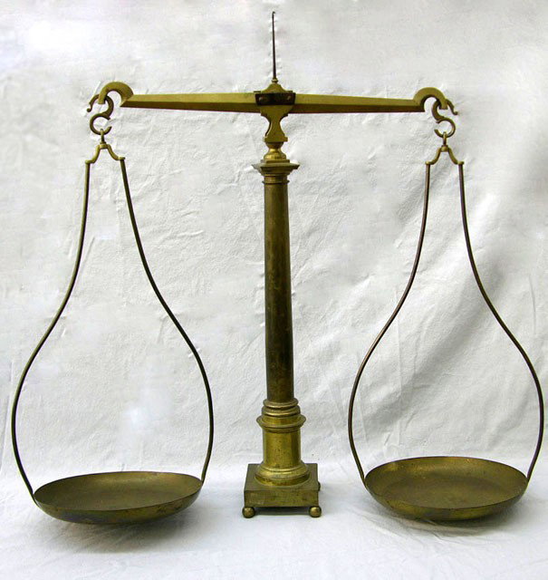 Large Brass Double Beam Balance Scale, late 19th c: Large Brass Double Beam Balance Scale, late 19th c., H.- 30 1/4 in., W.-32 1/4 in., D.- 10 1/2 in.