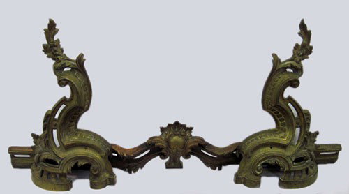Louis XV Style Brass Chenets, late 19th c., consis: Louis XV Style Brass Chenets, late 19th c., consisting of a pair of scroll form andirons and an adjustable fender with a floral center crest, Andirons- H.- 15 1/2 in., W.- 9 1/8 in.
