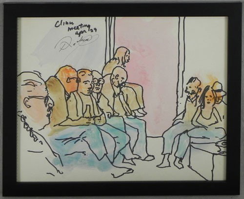 Noel Rockmore (1928-1995), "Clinic Meeting Apr. 29: Noel Rockmore (1928-1995), "Clinic Meeting Apr. 29," c. 1970, watercolor of Mike Stark's clinic, signed and titled u. l., framed, H.- 10 5/8 in., W.- 13 1/2 in., from the collection of Dr. James W. Ne