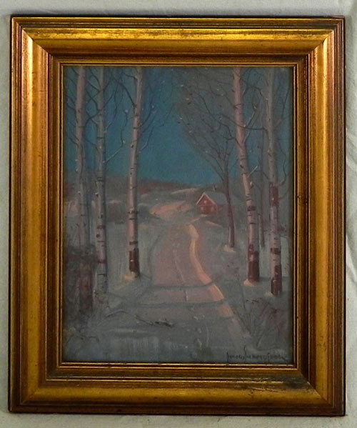 Svend Svendson (1864-1934), "Birches in the Snow,": Svend Svendson (1864-1934), "Birches in the Snow," 20th c., oil on board, signed l.r., framed, H.- 11 3/4 in., W.- 8 7/8 in., from the collection of Dr. James W. Nelson.