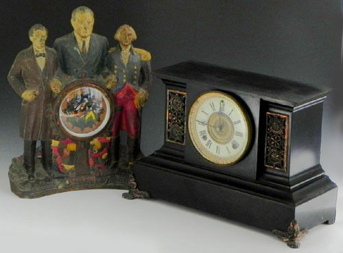 Two Mantel Clocks- an Ansonia cast iron temple For: Two Mantel Clocks- an Ansonia cast iron temple Form Clock, late 19th c., together with a polychromed spelter "Steersmen" Clock, by United Clock Co.