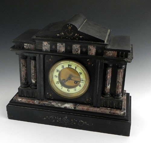 French Black and Highly Figured Brown Marble Templ: French Black and Highly Figured Brown Marble Temple Form Mantel Clock, 19th c., by J. Marti, the front with incised decoration, H.- 12 1/2 in., W.- 15 in., D.- 6 1/2 in.