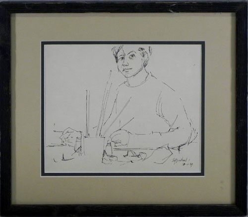 Xavier de Callatay (1932-1999), "Self Portrait," 1: Xavier de Callatay (1932-1999), "Self Portrait," 10-1-59, pen and ink, titled and dated l.r., framed, H.- 9 in., W.- 11 1/2 in., from the collection of Dr. James W. Nelson.