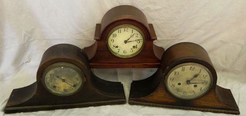 Group of Three Mahogany Napoleon Hat Mantel Clocks: Group of Three Mahogany Napoleon Hat Mantel Clocks, c. 1930, time and strike. (3 Pcs.)