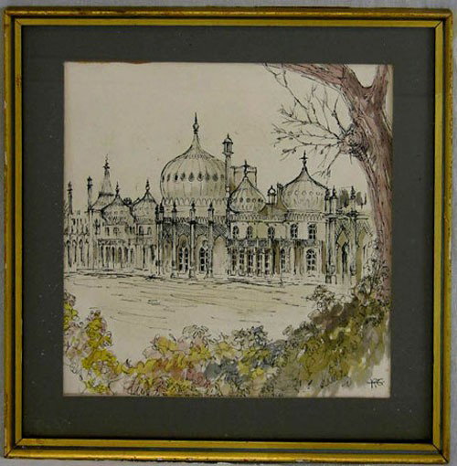 Robert R. Early, "The Royal Pavilion, Brighton," i: Robert R. Early, "The Royal Pavilion, Brighton," ink and watercolor, 1971, signed l.r., signed and dated verso, framed, H.- 8 1/2 in., W.- 8 1/4 in.