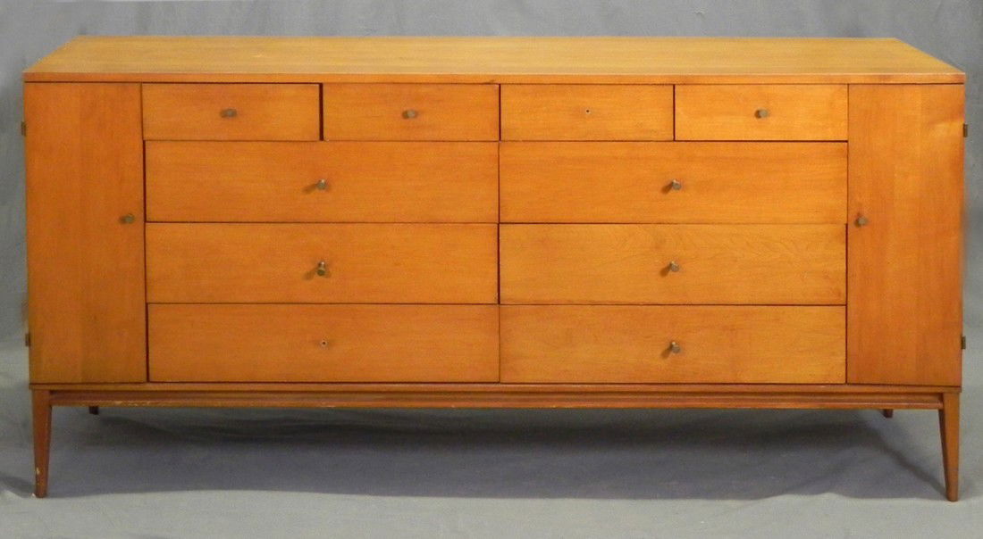 Carved Maple Paul McCobb "Mr. and Mrs." Chest, #1: Carved Maple Paul McCobb "Mr. and Mrs." Chest, #1510, mid 20th c., labeled "Paul McCobb, Planner Group, Winchedon Furniture Co., Winchedon, Mass," with four frieze drawers over six deep drawers, flank