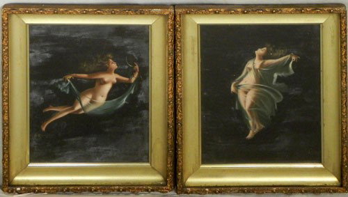 Continental School, "Women in Gossamer Wraps," 19t: Continental School, "Women in Gossamer Wraps," 19th c., pair of oils on panel, presented in gilt shadowbox frames, H.- 11 1/2 in., W.- 8 1/2 in.