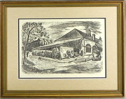 Charles Surendorf (1906-1979), "Coffee Shop, New O: Charles Surendorf (1906-1979), "Coffee Shop, New Orleans," c. 1930, woodblock print, ed 100, pencil titled l.l. margin, pencil numbered lower center margin, pencil signed l.r. margin, framed, H.- 11 3