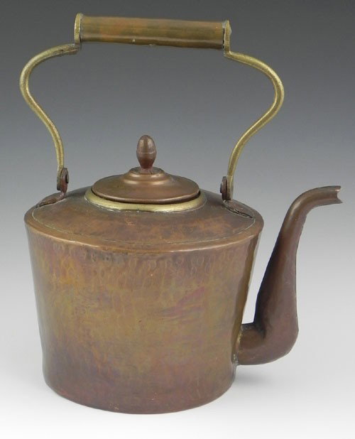 Hand Hammered Copper and Brass Tea Kettle, 19th c.: Hand Hammered Copper and Brass Tea Kettle, 19th c., H.- 11 1/4 in., W.- 9 1/2 in., D.- 7 1/4 in.