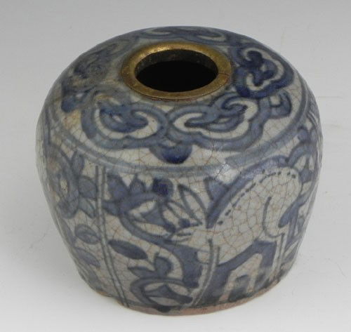 Chinese Crackleware Baluster Inkwell, 19th c., dec: Chinese Crackleware Baluster Inkwell, 19th c., decorated in blue with flowers and deer, the inner rim with a brass rim, H.- 2 3/4 in., Dia.- 3 3/8 in.