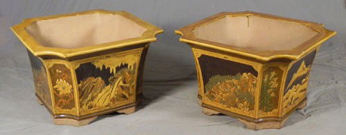 Pair of Large Japanese Earthenware Planters, 20th: Pair of Large Japanese Earthenware Planters, 20th c, of square tapered form, with concave corners, the sides with relief landscape decoration, on integral bracket feet, H.- 18 in., W.- 28 1/2 in., D.-