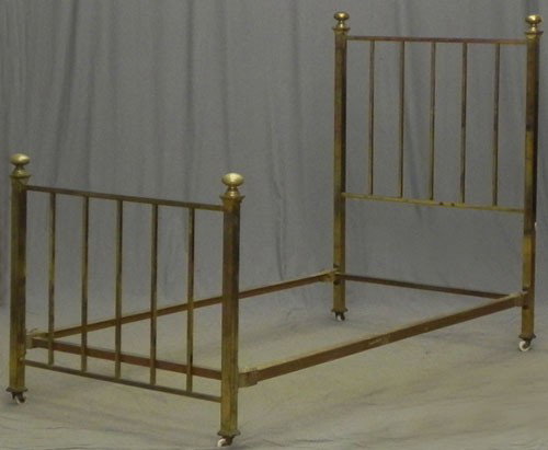 Brass Single Bed, c. 1910, the square spindled hea: Brass Single Bed, c. 1910, the square spindled head and foot with flat ball finials, H.- 55 1/4 in., Int. W.- 39 in., Int. D.- 75 1/4 in.