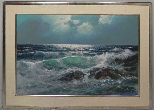 Alexander Dzigurski (1911-1995), "Waves Crashing: Alexander Dzigurski (1911-1995), "Waves Crashing on the Rocks," 20th c., oil on canvas, signed l.r., framed, H.- 24 in., W.- 36 in.