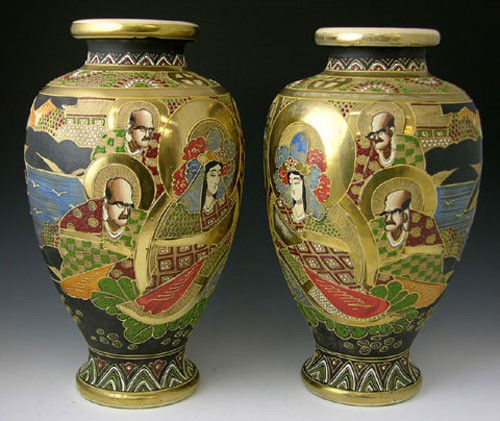 Pair of Large Satsuma Baluster Form Footed Vases,: Pair of Large Satsuma Baluster Form Footed Vases, c. 1900, with gilt and moriage figural and landscape decoration, H.- 15 in., W.- 8 1/2 in.