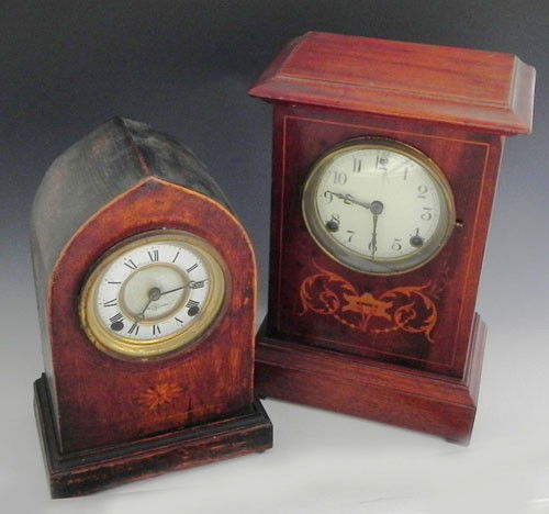 Two English Inlaid Mahogany Mantel Clocks, c. 186: Two English Inlaid Mahogany Mantel Clocks, c. 1860, one of beehive form.