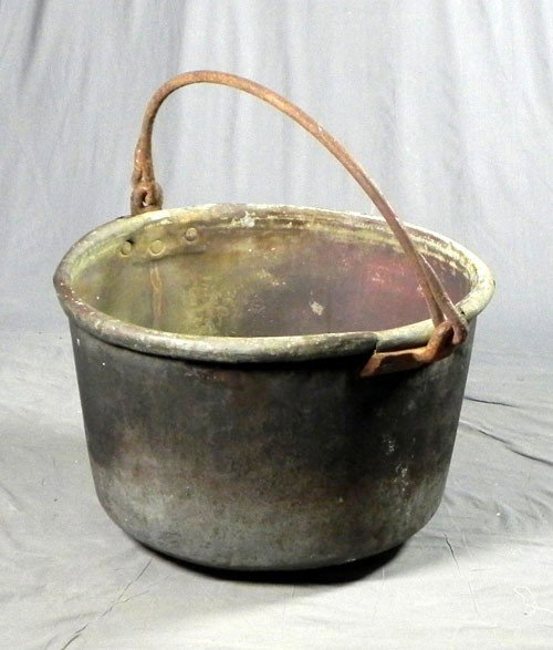 Large Brass Kettle, 19th c., with a folding wroug: Large Brass Kettle, 19th c., with a folding wrought iron handle, Kettle- H.- 17 1/2 in., W.- 31 1/4 in., D.- 28 1/4 in.