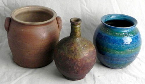 Three Pieces of French Glazed Earthenware, early: Three Pieces of French Glazed Earthenware, early 20th c., a blue and green vase, a small wine jug, and a brown storage jar. (3 Pcs.)